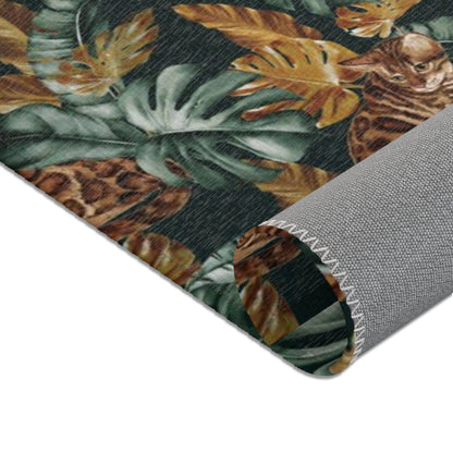Area rug with Bengal cat and Tropical leaf patterned rug 