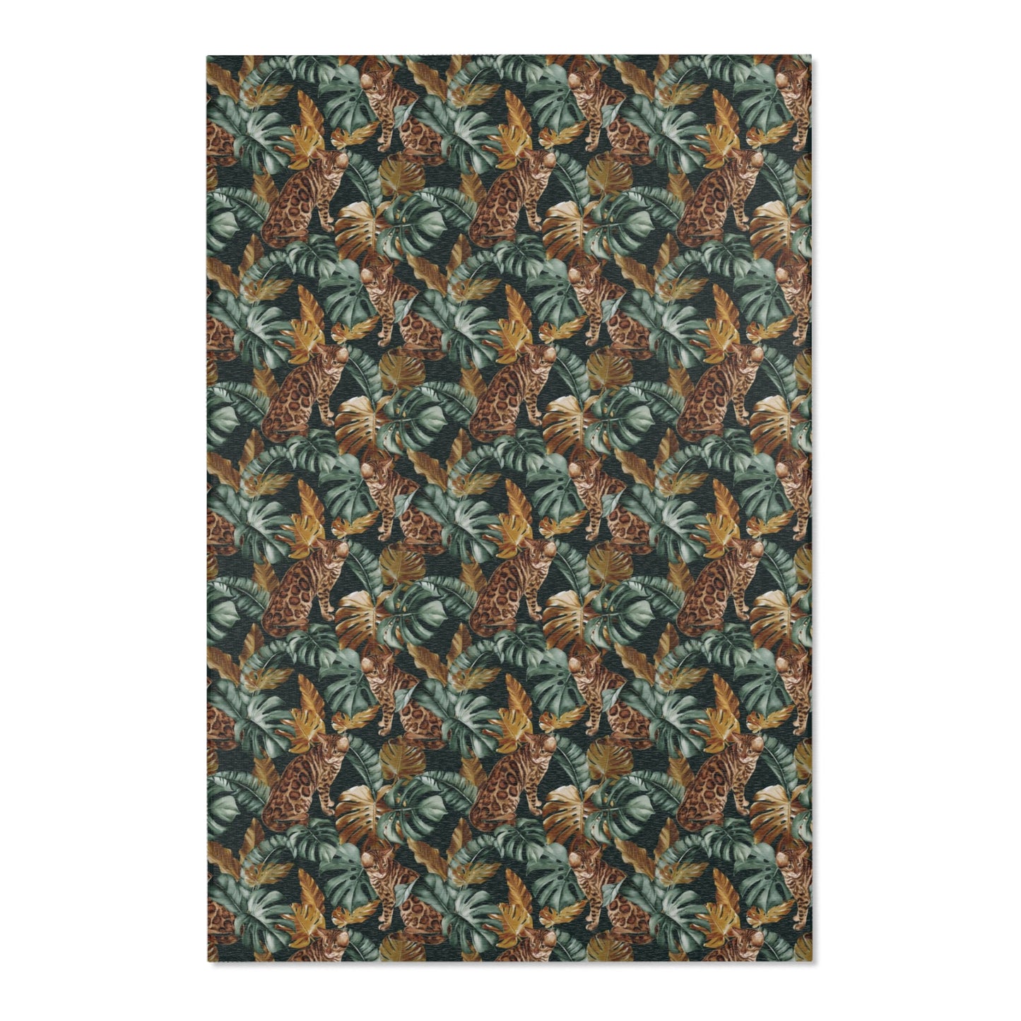 Area rug with Bengal cat and Tropical leaf patterned rug 