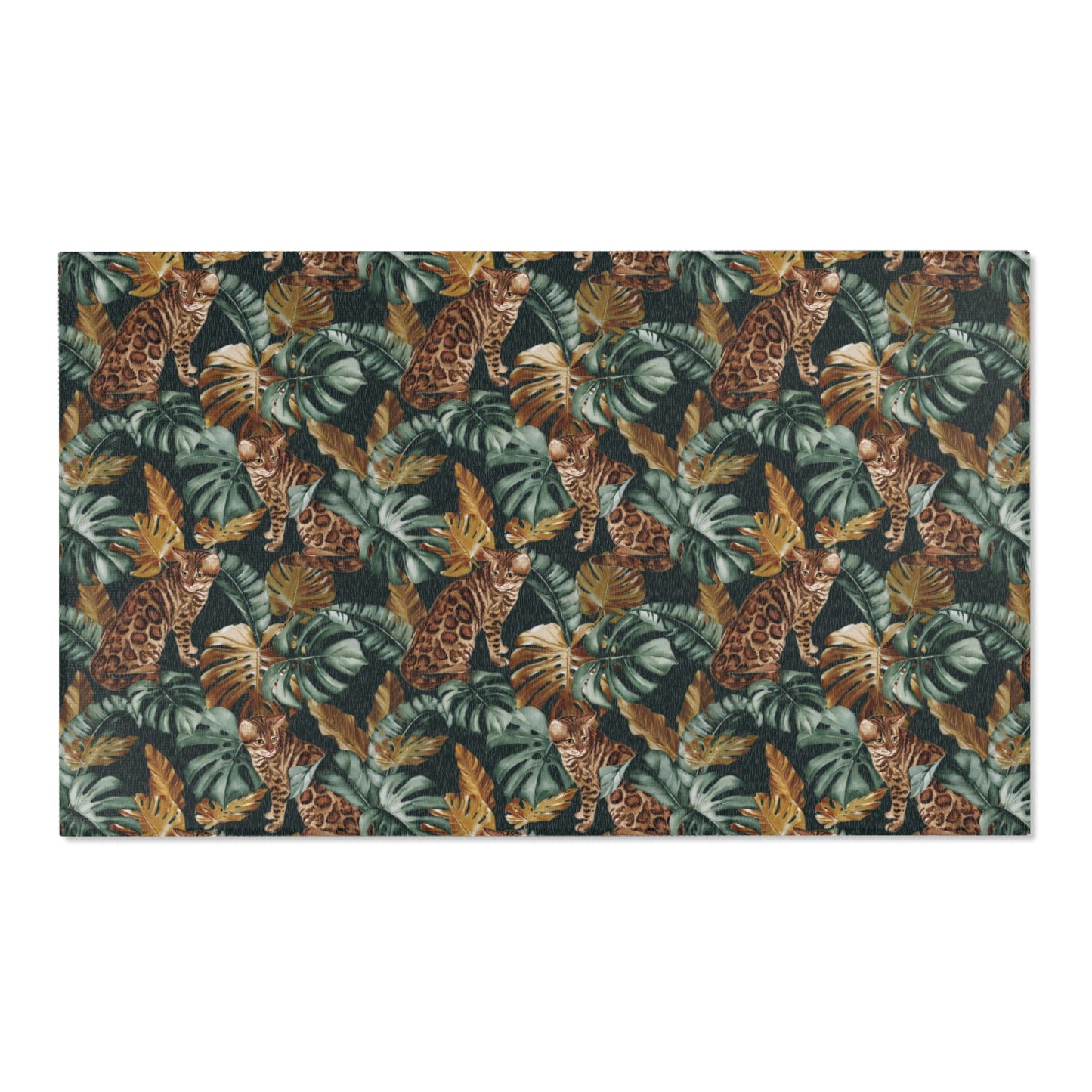 Area rug with Bengal cat and Tropical leaf patterned rug 