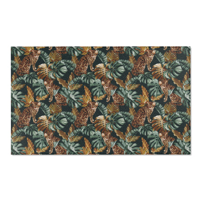 Area rug with Bengal cat and Tropical leaf patterned rug 