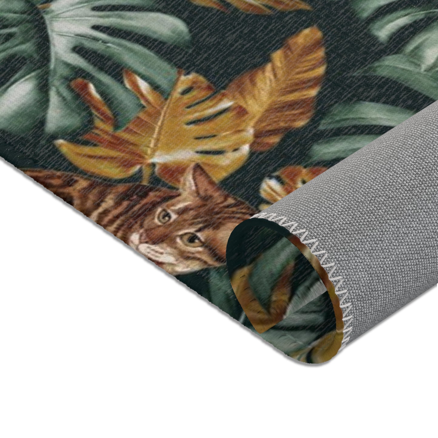 Area rug with Bengal cat and Tropical leaf patterned rug 