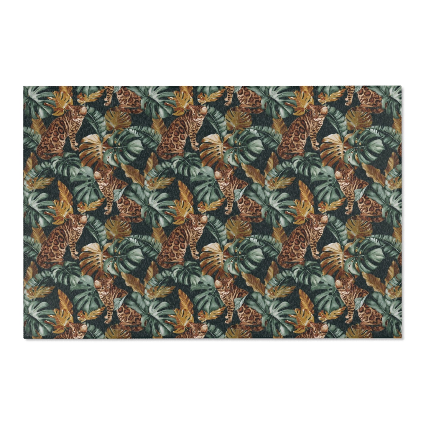 Area rug with Bengal cat and Tropical leaf patterned rug 