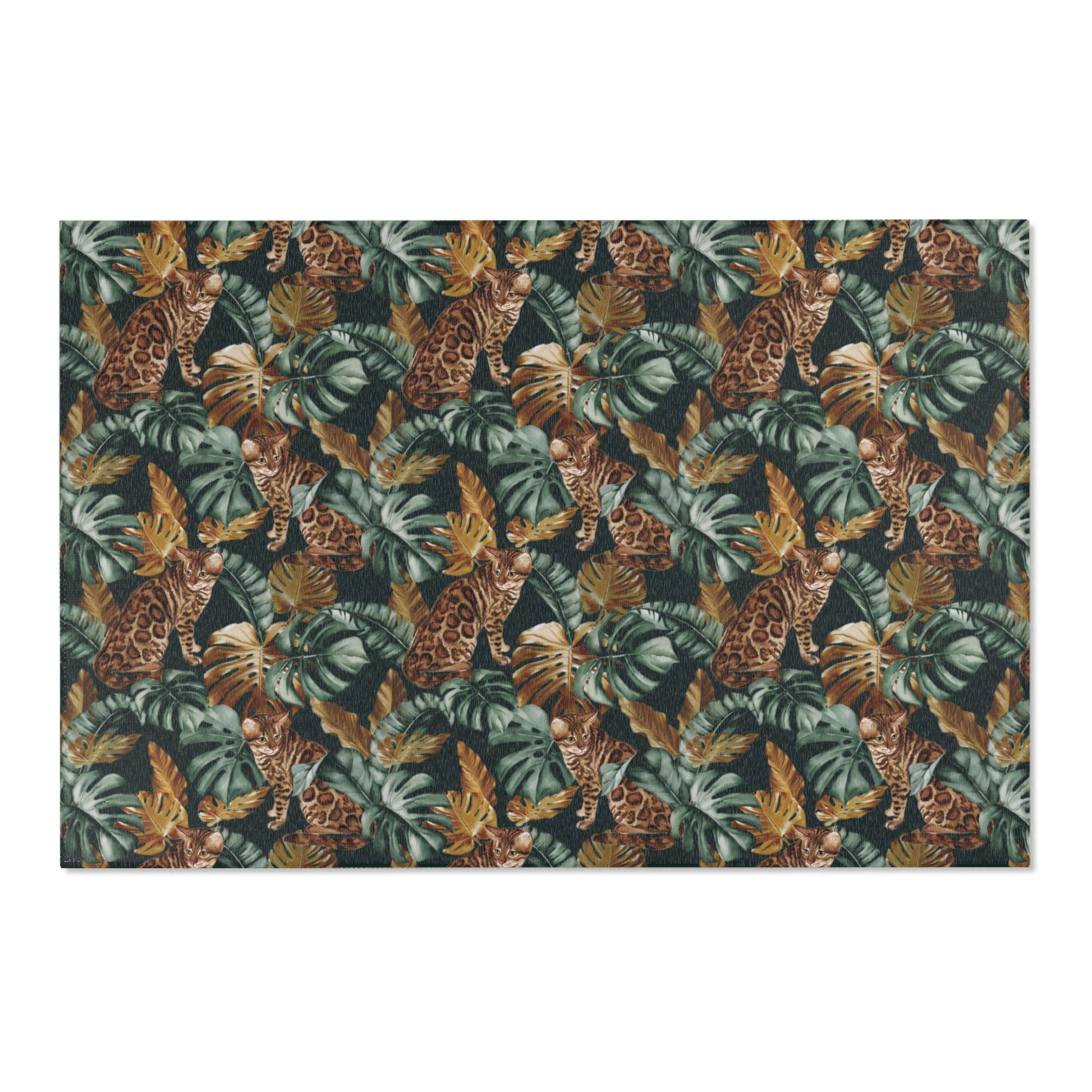 Area rug with Bengal cat and Tropical leaf patterned rug 