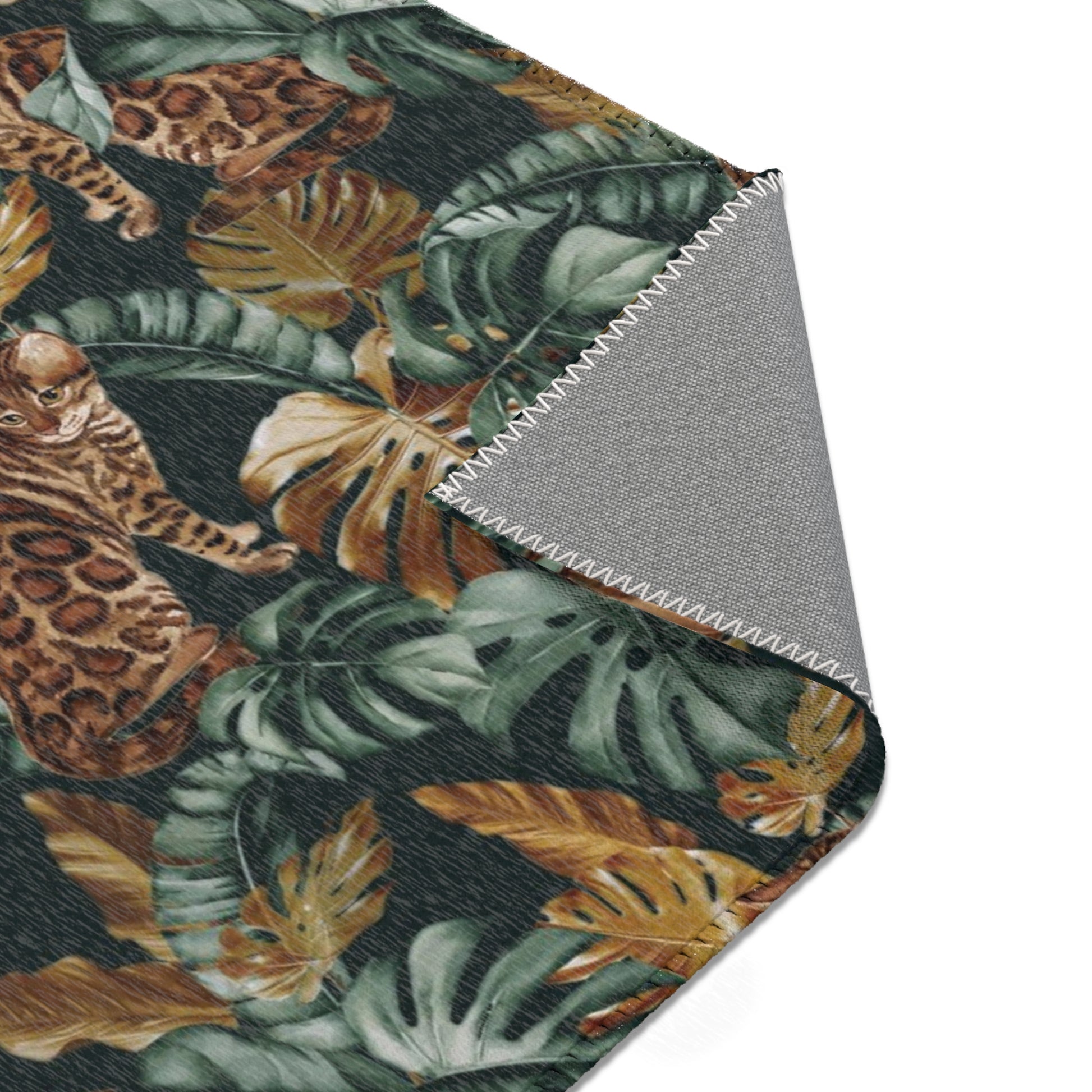 Area rug with Bengal cat and Tropical leaf patterned rug 
