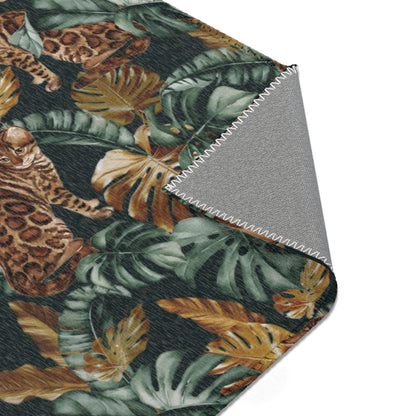 Area rug with Bengal cat and Tropical leaf patterned rug 
