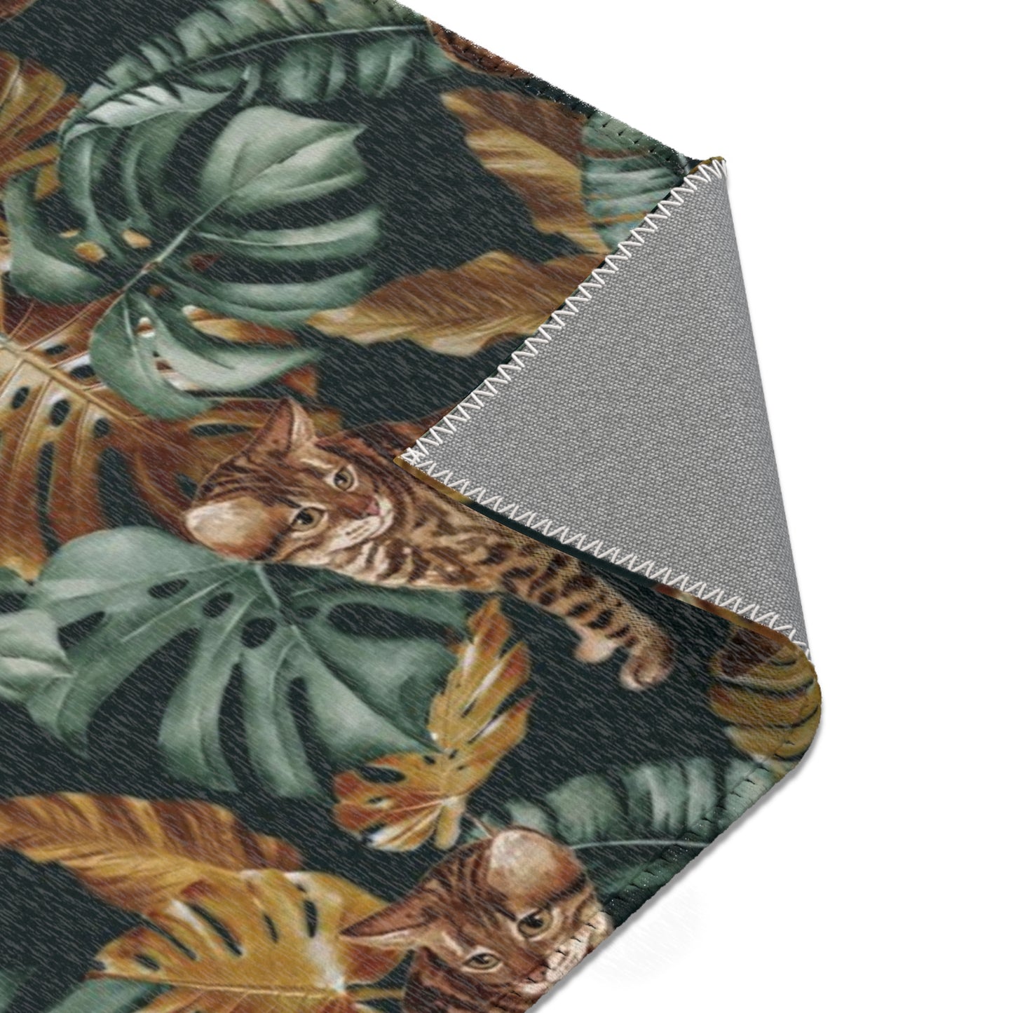 Area rug with Bengal cat and Tropical leaf patterned rug 