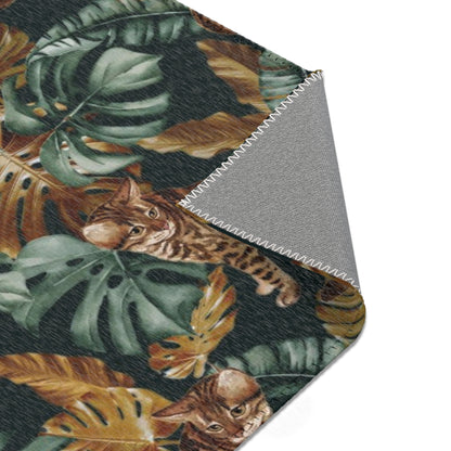Area rug with Bengal cat and Tropical leaf patterned rug 