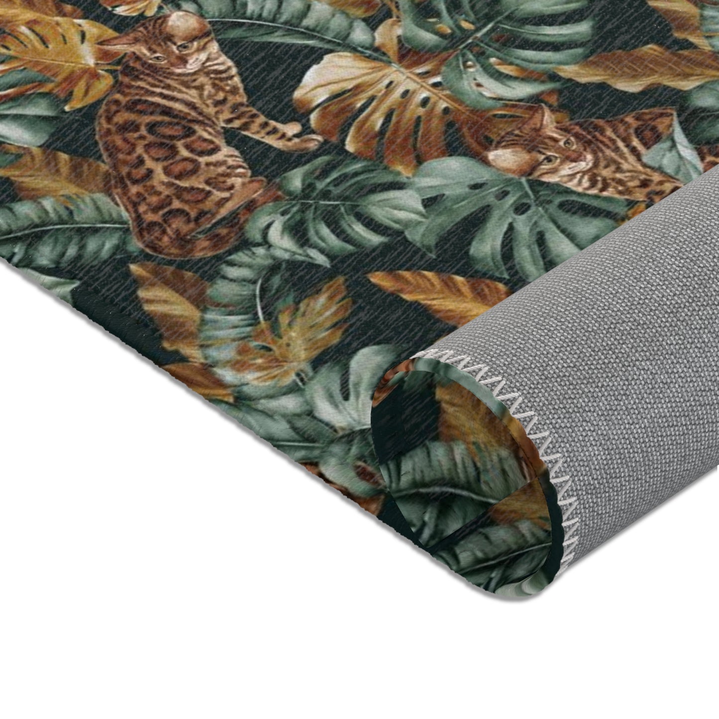 Area rug with Bengal cat and Tropical leaf patterned rug 