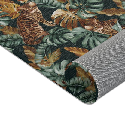 Area rug with Bengal cat and Tropical leaf patterned rug 