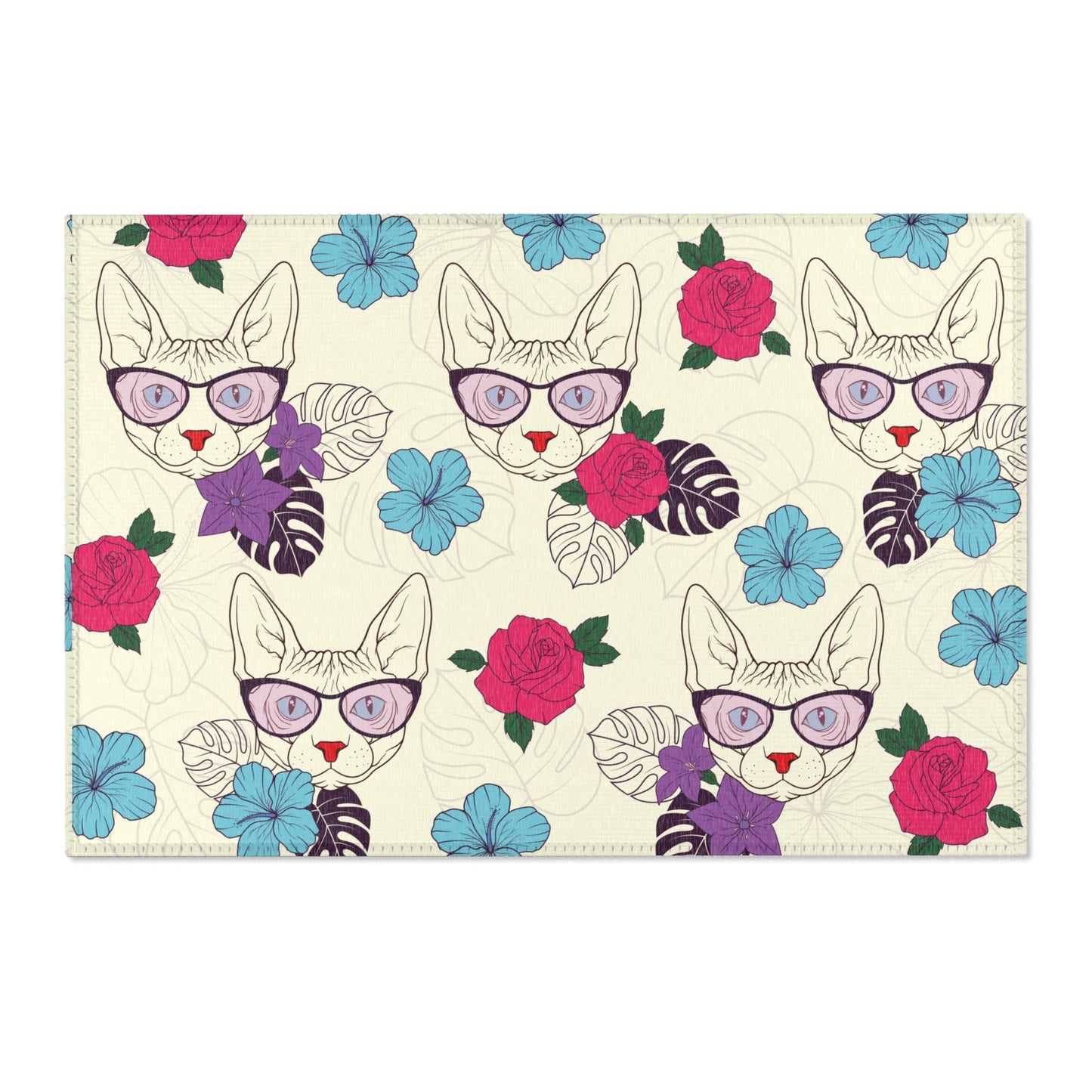 Area rug with a pattern of cartoon Sphynx cats and tropical flowers on a cream background