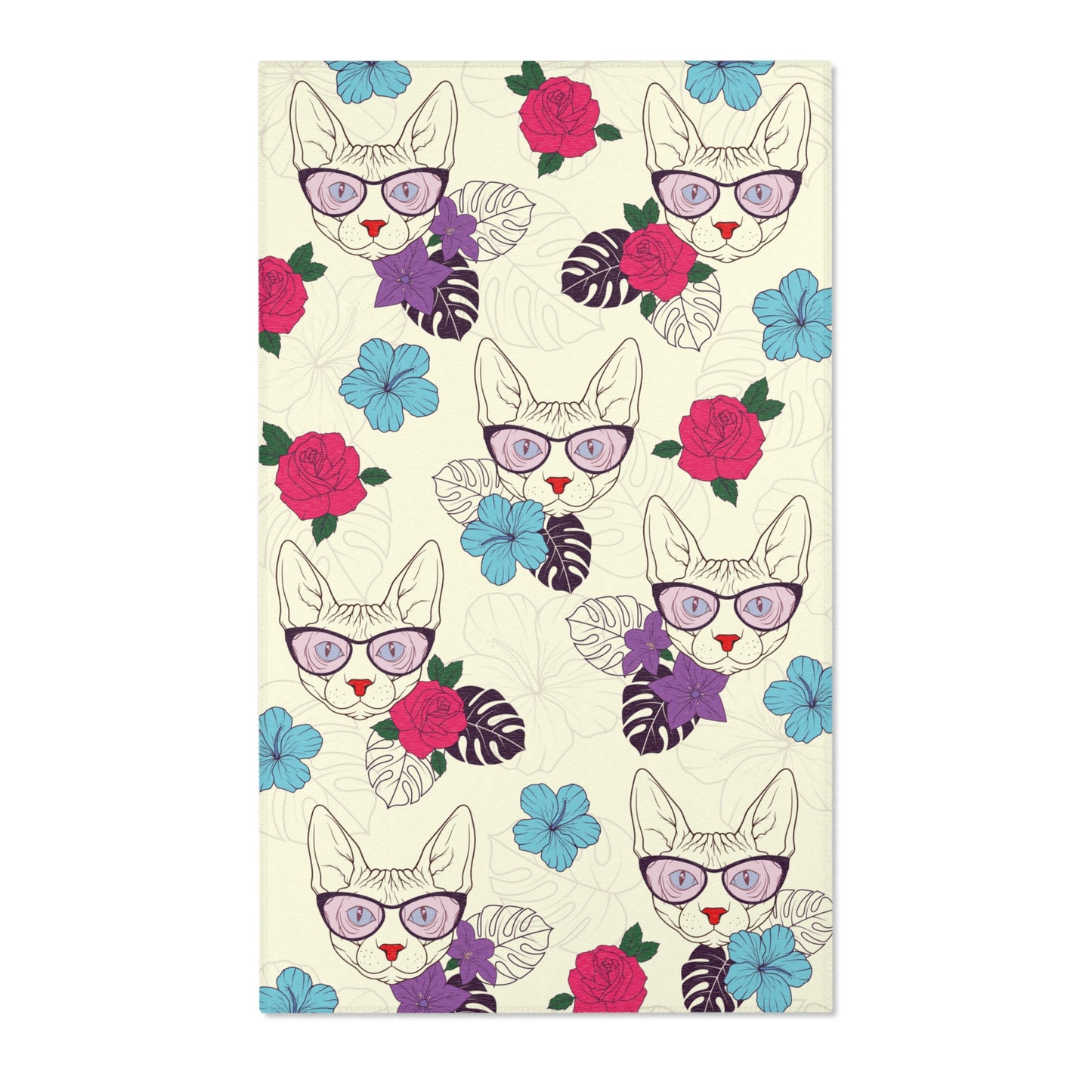 Area rug with a pattern of cartoon Sphynx cats and tropical flowers on a cream background