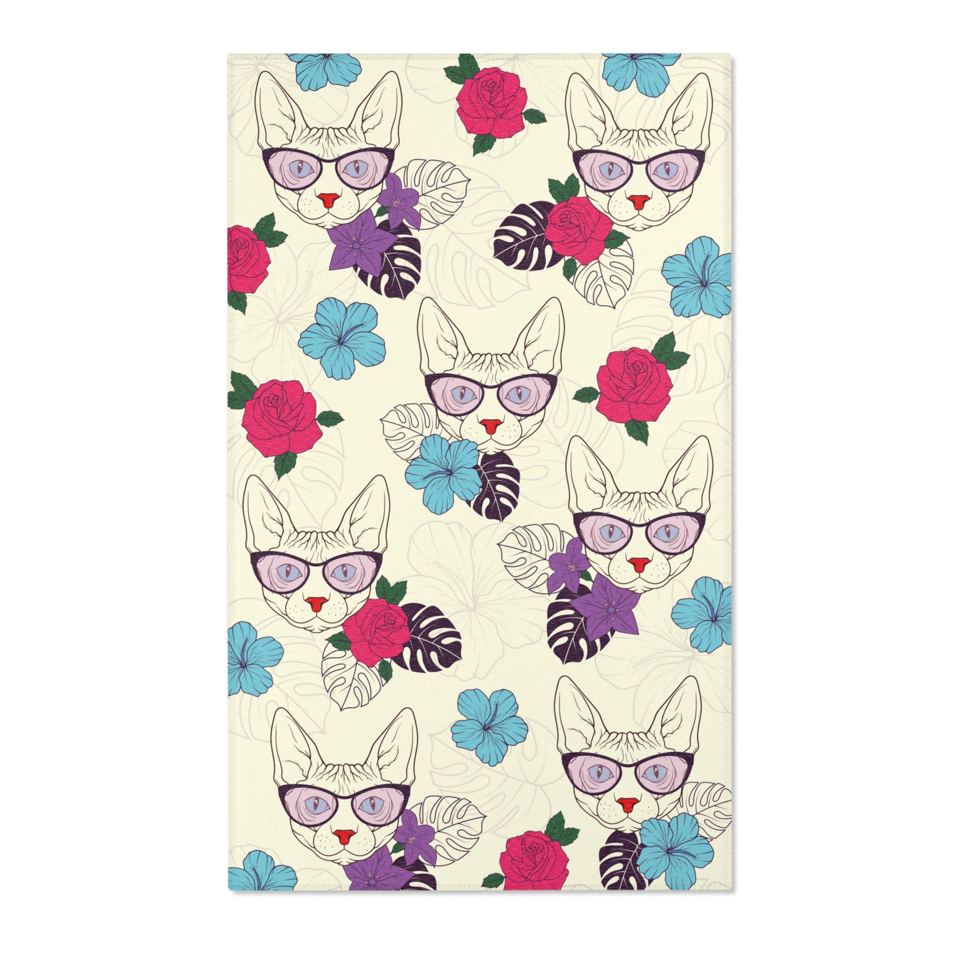 Area rug with a pattern of cartoon Sphynx cats and tropical flowers on a cream background