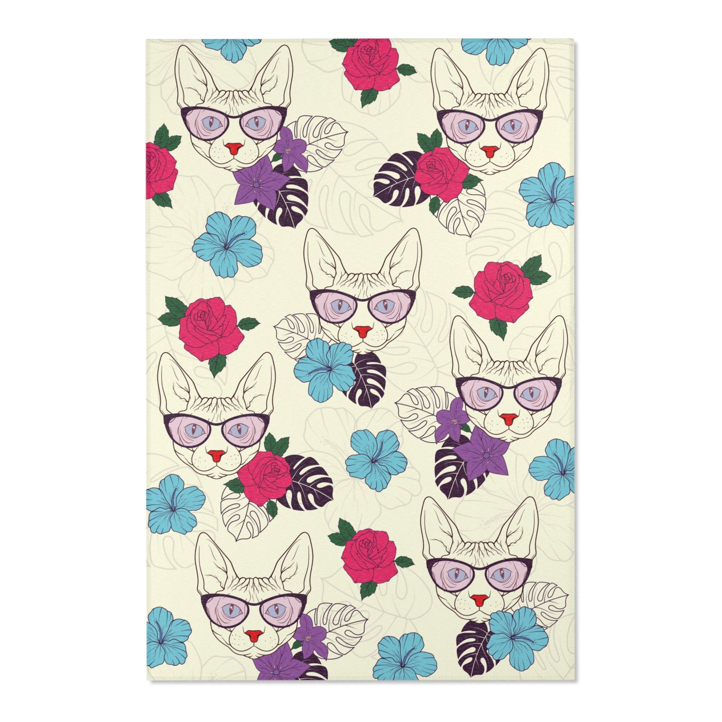 Area rug with a pattern of cartoon Sphynx cats and tropical flowers on a cream background