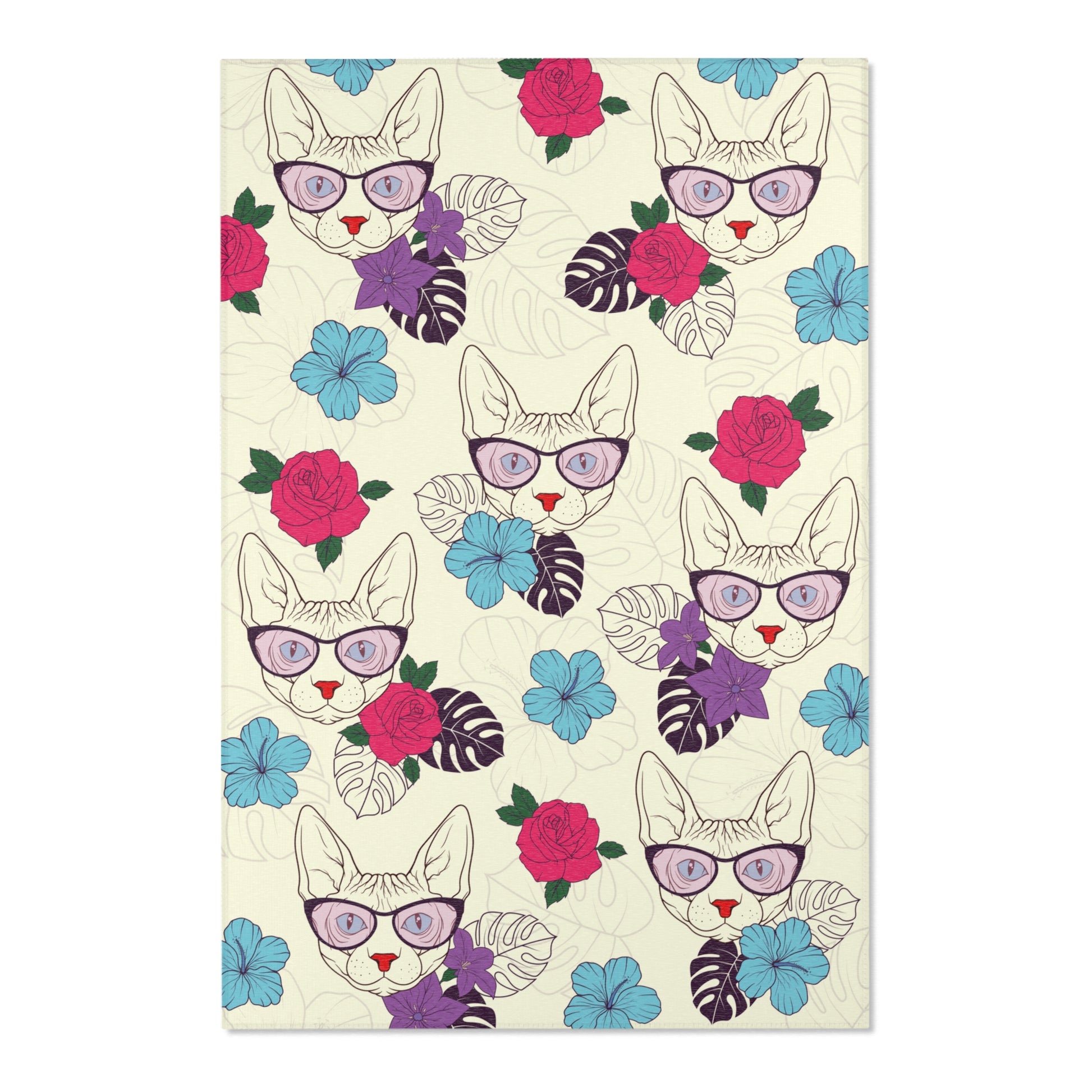 Area rug with a pattern of cartoon Sphynx cats and tropical flowers on a cream background