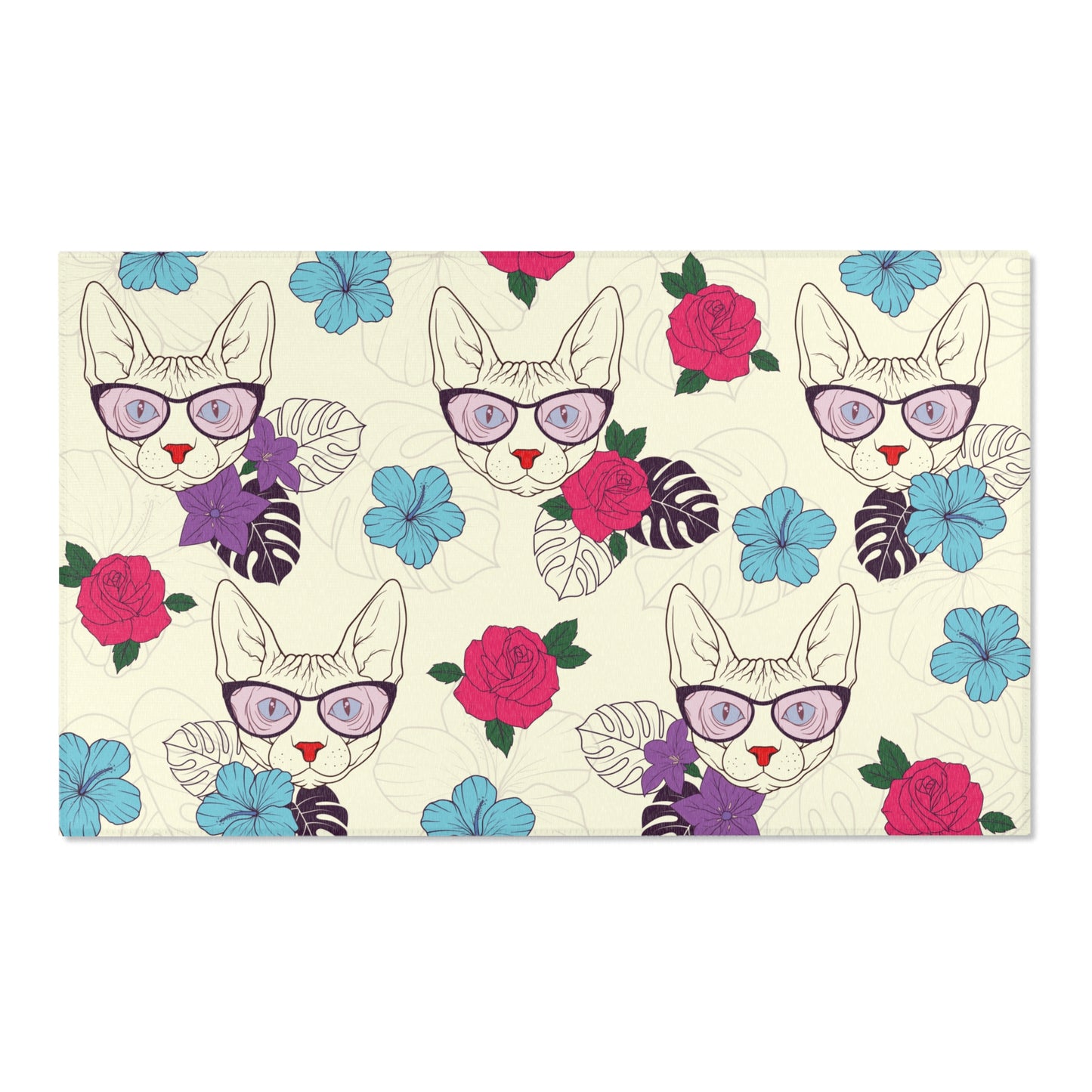 Area rug with a pattern of cartoon Sphynx cats and tropical flowers on a cream background