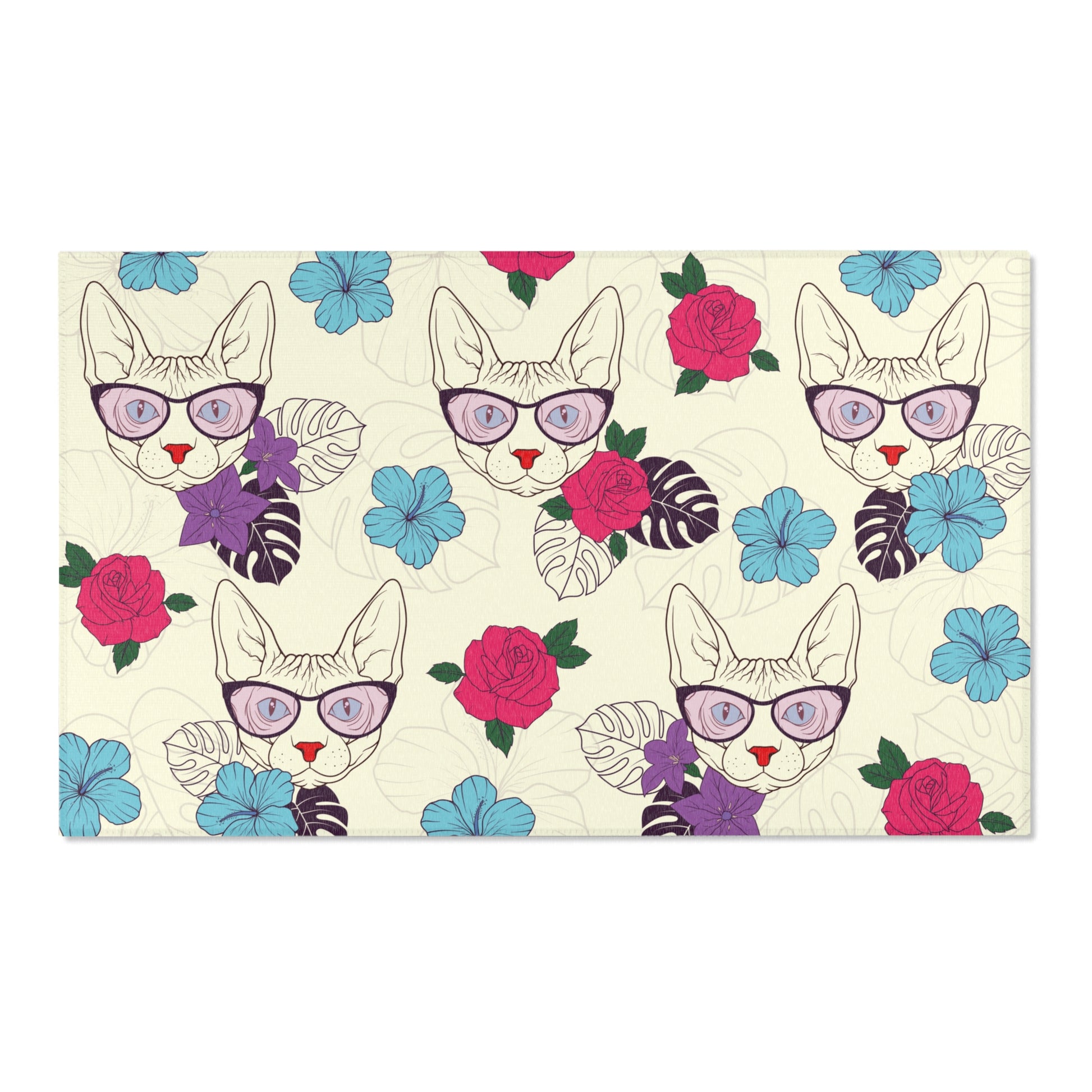 Area rug with a pattern of cartoon Sphynx cats and tropical flowers on a cream background