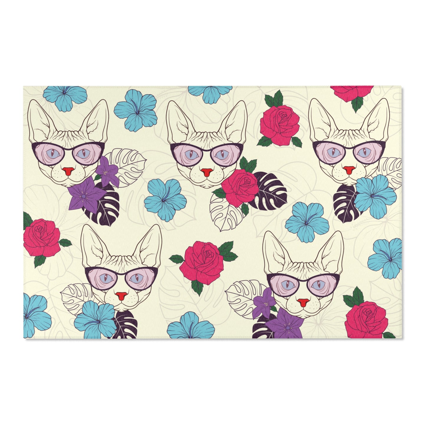 Area rug with a pattern of cartoon Sphynx cats and tropical flowers on a cream background