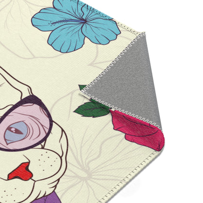 Area rug with a pattern of cartoon Sphynx cats and tropical flowers on a cream background