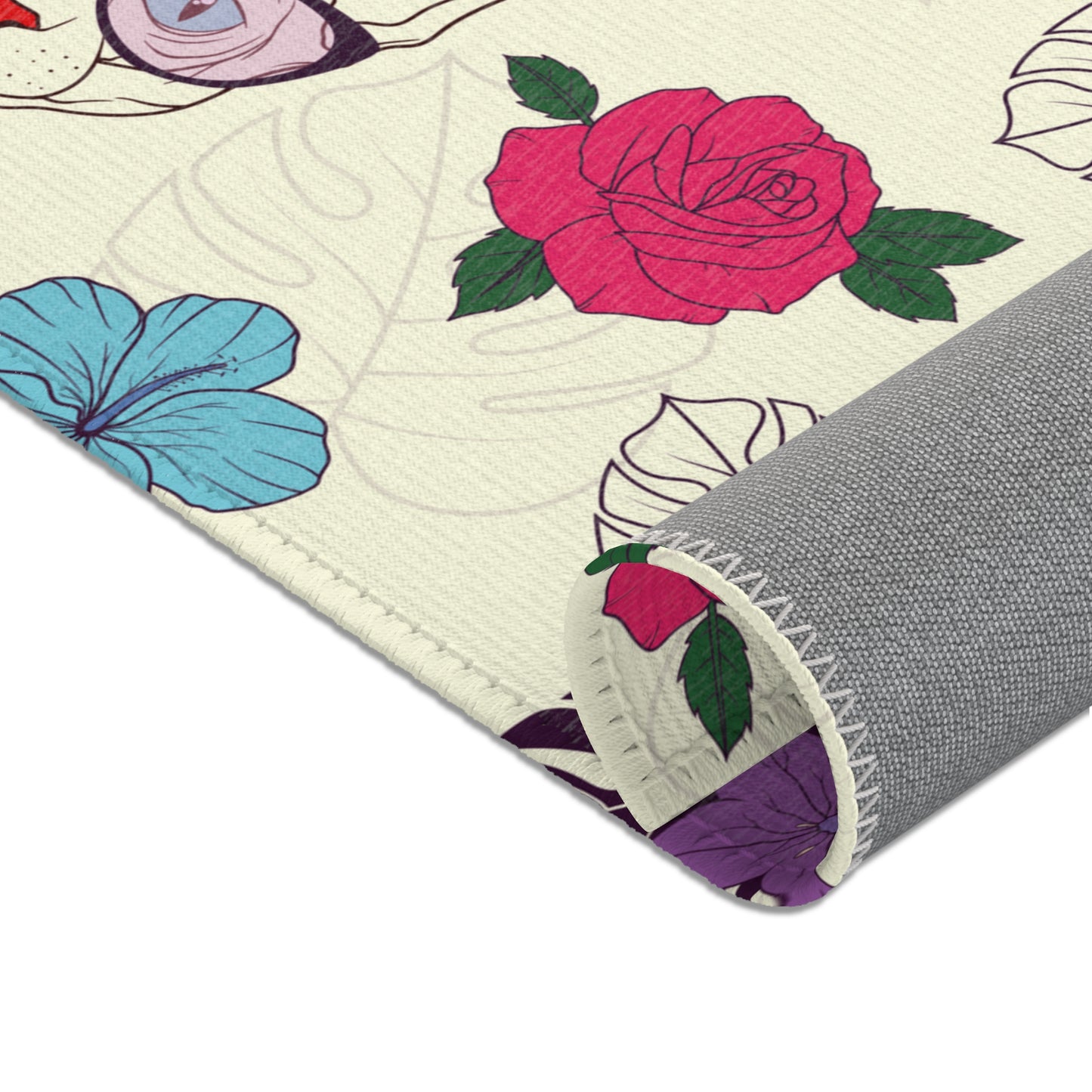 Area rug with a pattern of cartoon Sphynx cats and tropical flowers on a cream background