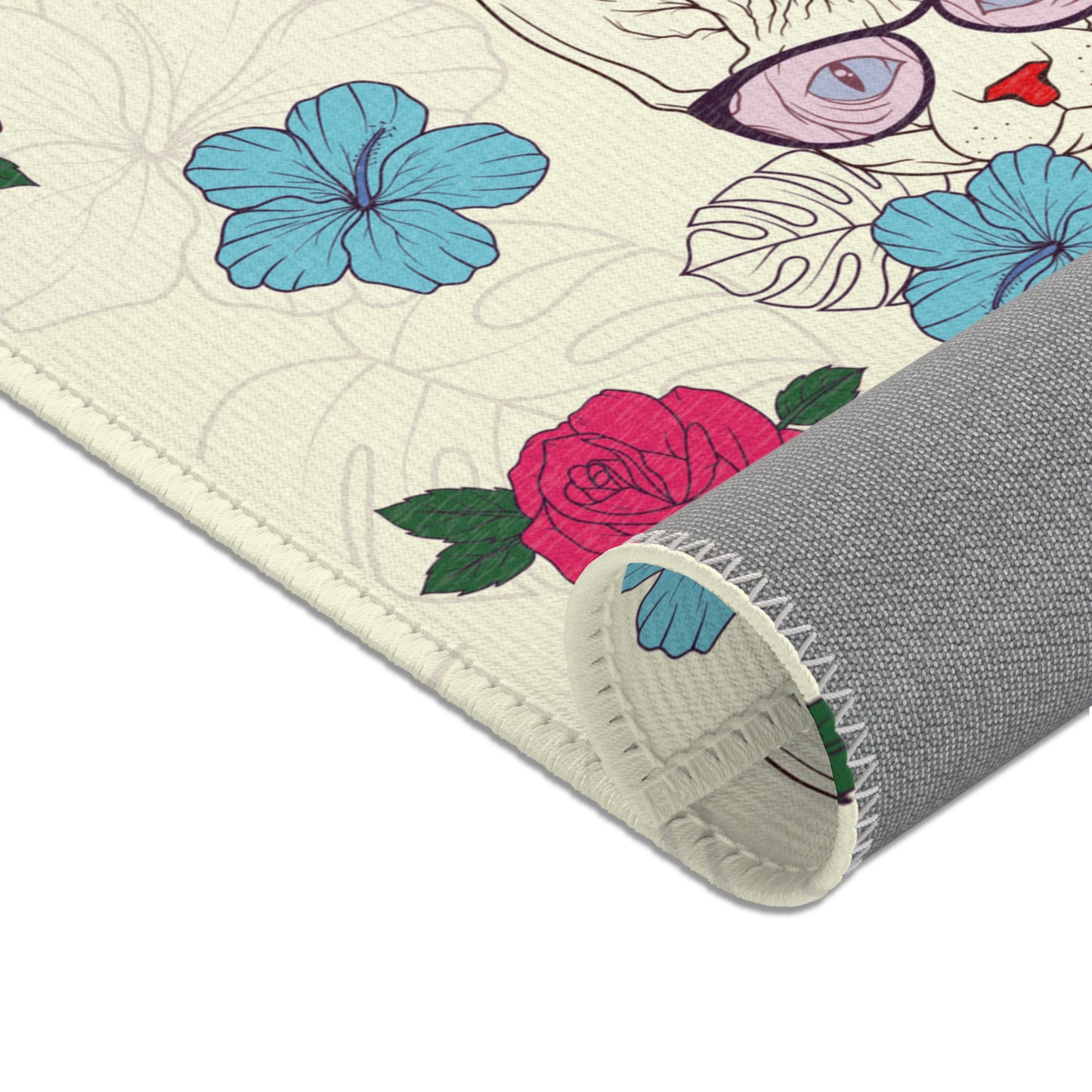 Area rug with a pattern of cartoon Sphynx cats and tropical flowers on a cream background