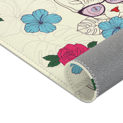 Area rug with a pattern of cartoon Sphynx cats and tropical flowers on a cream background