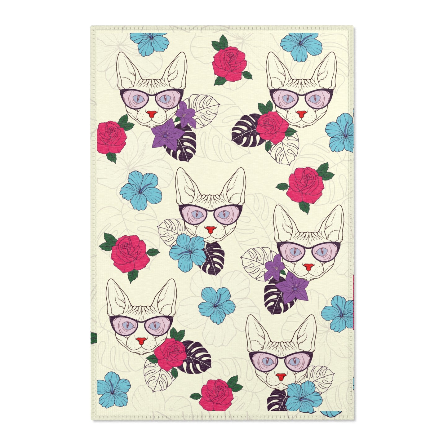 Area rug with a pattern of cartoon Sphynx cats and tropical flowers on a cream background