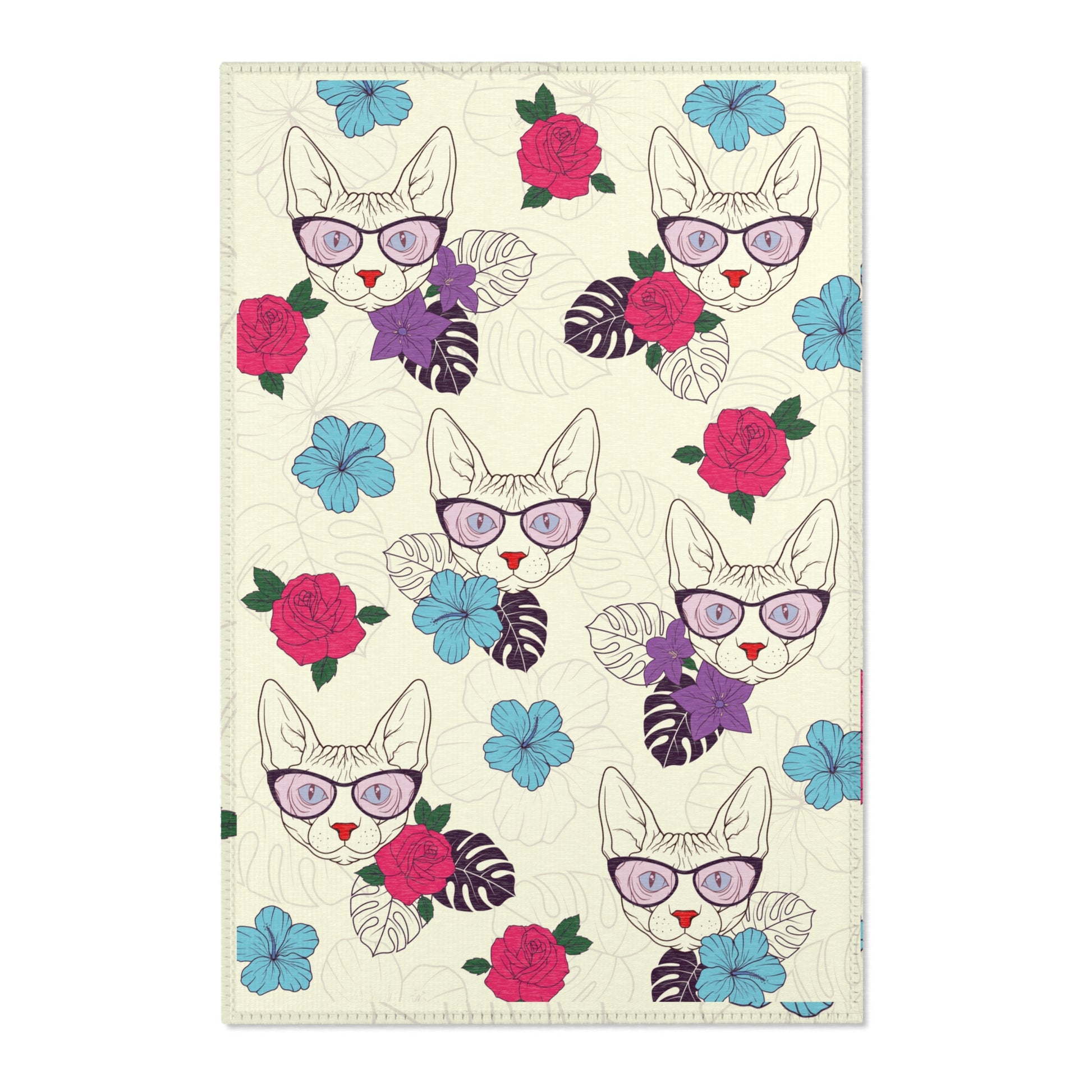 Area rug with a pattern of cartoon Sphynx cats and tropical flowers on a cream background