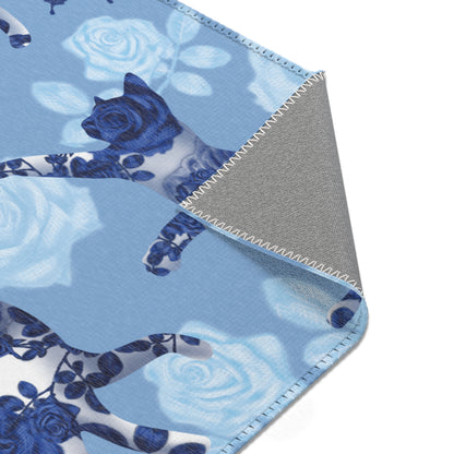 Area rug with cats, butterflies & roses motif on a blue background