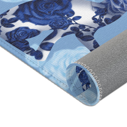Area rug with cats, butterflies & roses motif on a blue background