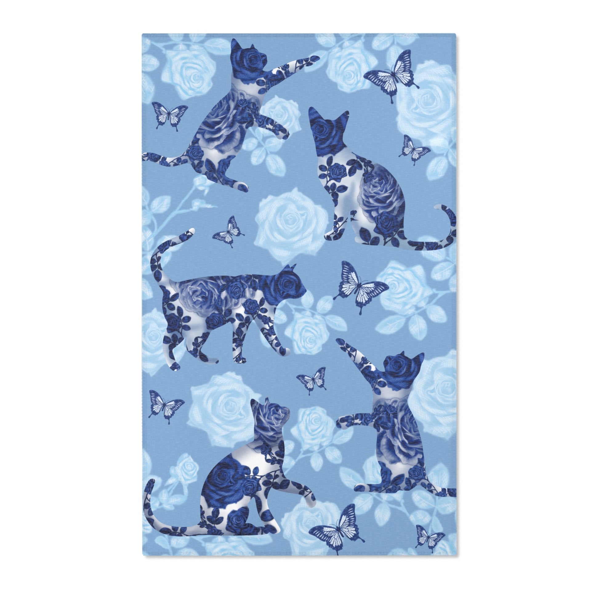 Area rug with cats, butterflies & roses motif on a blue background
