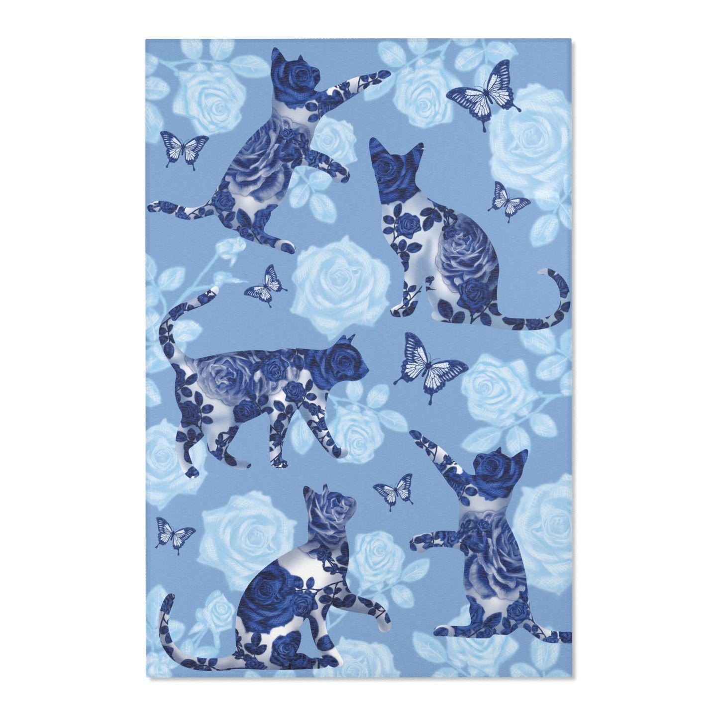 Area rug with cats, butterflies & roses motif on a blue background