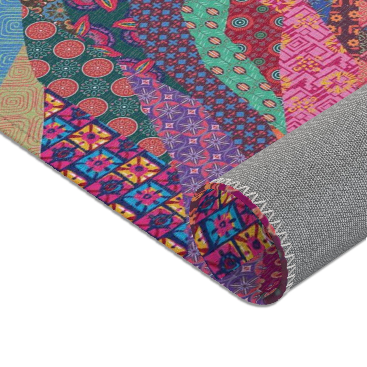 Area rug with colorful abstract cat design on a geometric patterned background