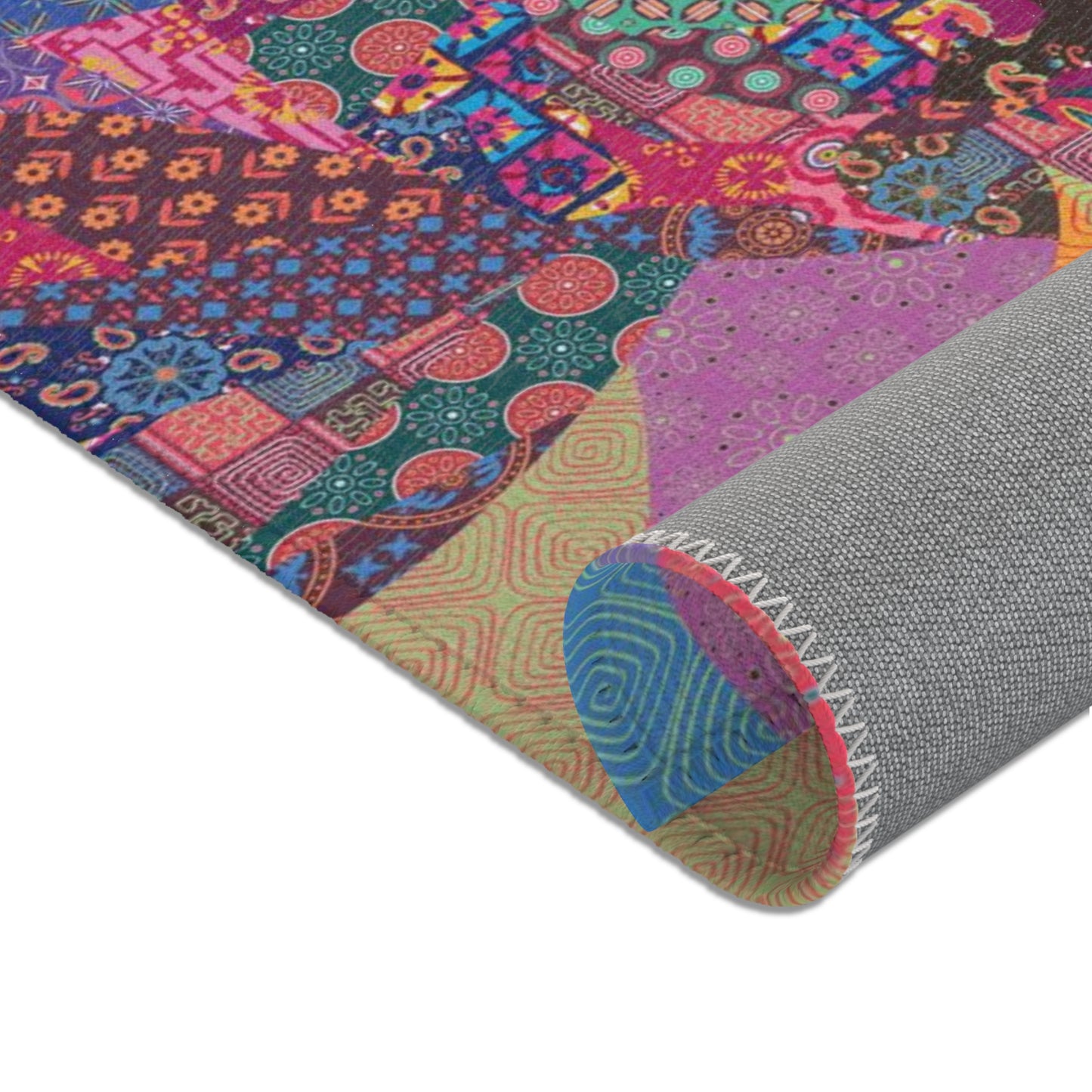 Area rug with colorful abstract cat design on a geometric patterned background