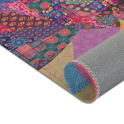 Area rug with colorful abstract cat design on a geometric patterned background