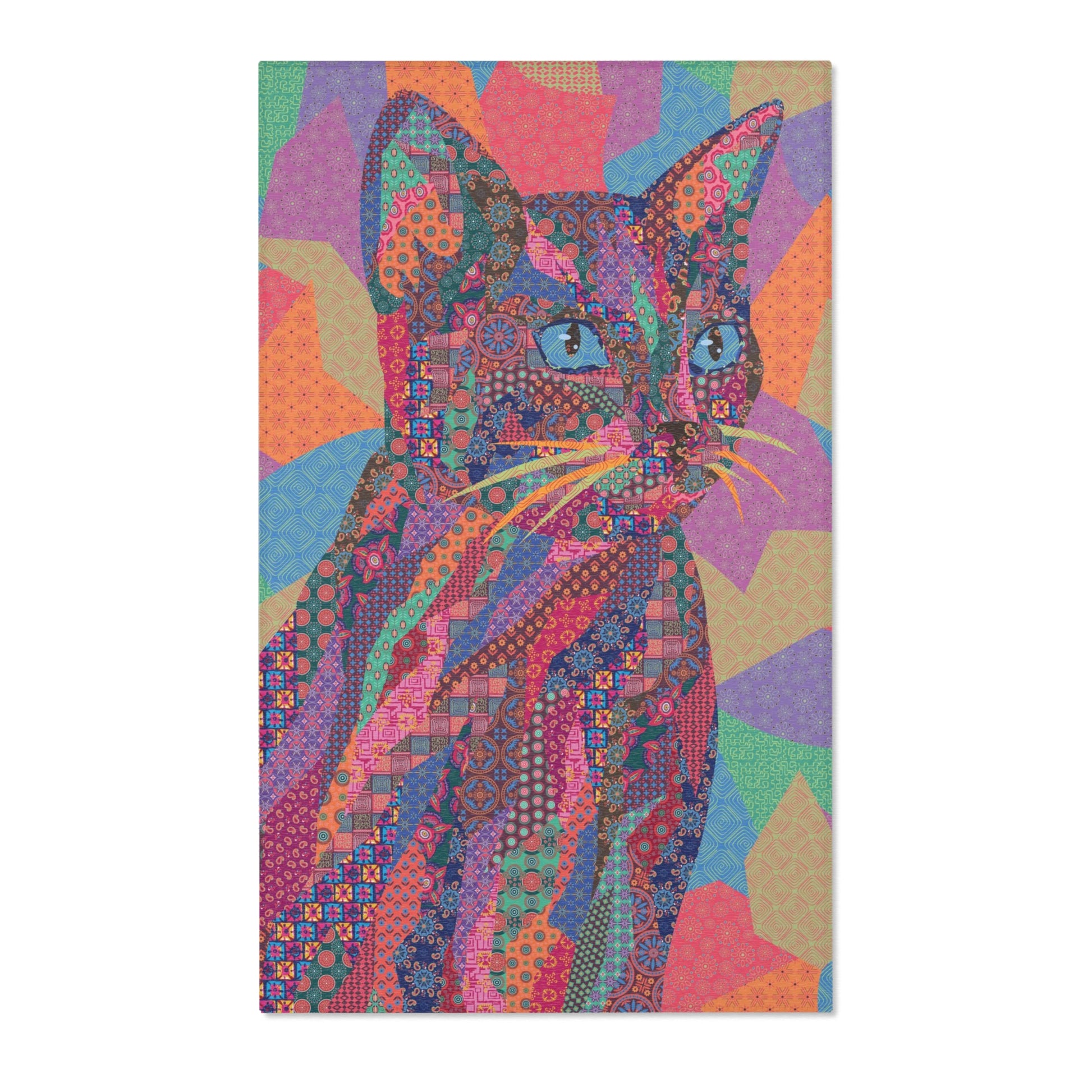 Area rug with colorful abstract cat design on a geometric patterned background