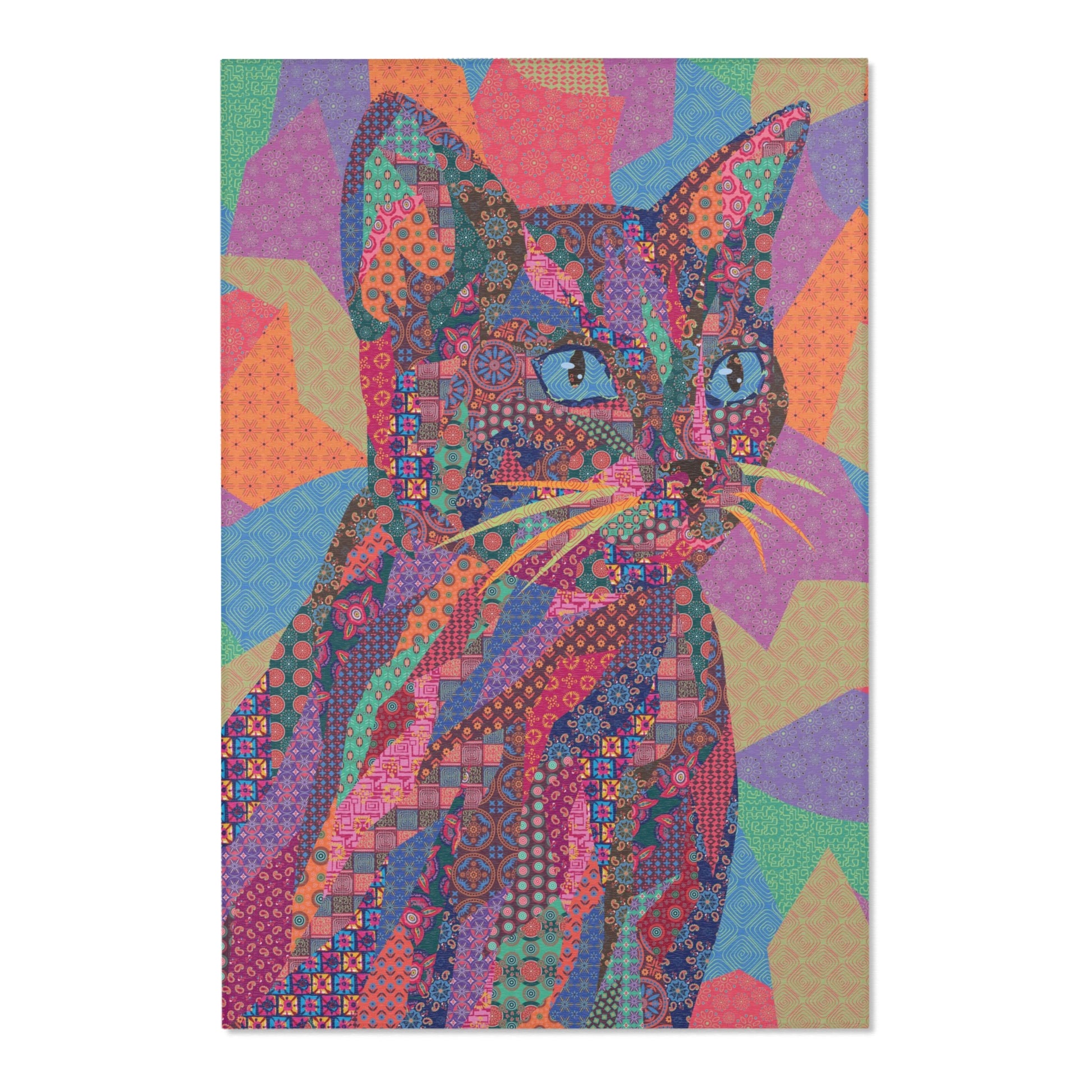 Area rug with colorful abstract cat design on a geometric patterned background
