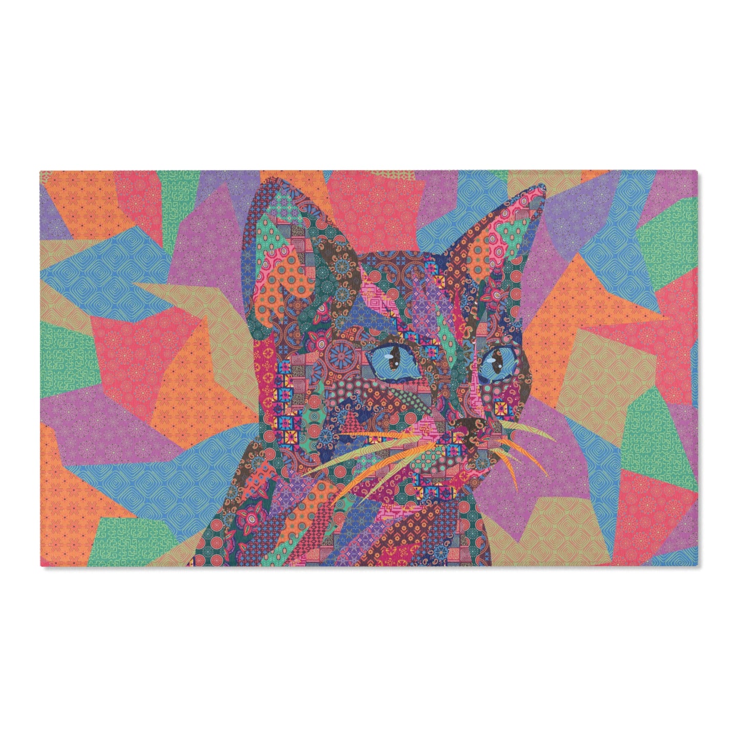 Area rug with colorful abstract cat design on a geometric patterned background