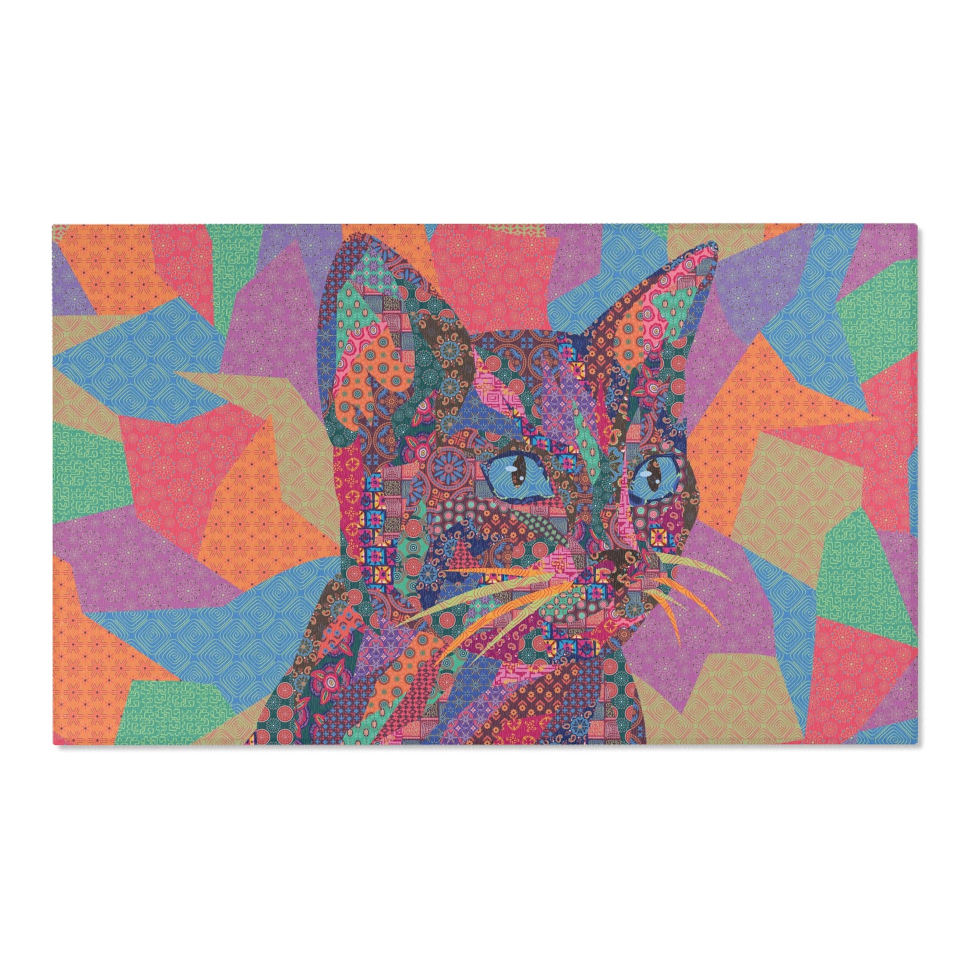 Area rug with colorful abstract cat design on a geometric patterned background