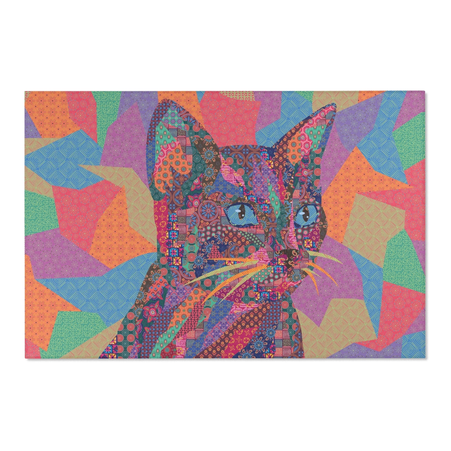 Area rug with colorful abstract cat design on a geometric patterned background