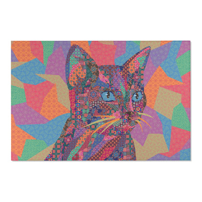 Area rug with colorful abstract cat design on a geometric patterned background