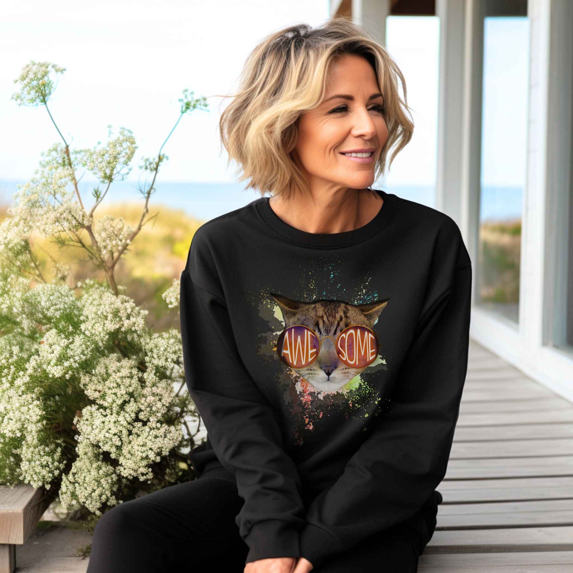 Black Awesome Crewneck Unisex Sweatshirt Cat Theme