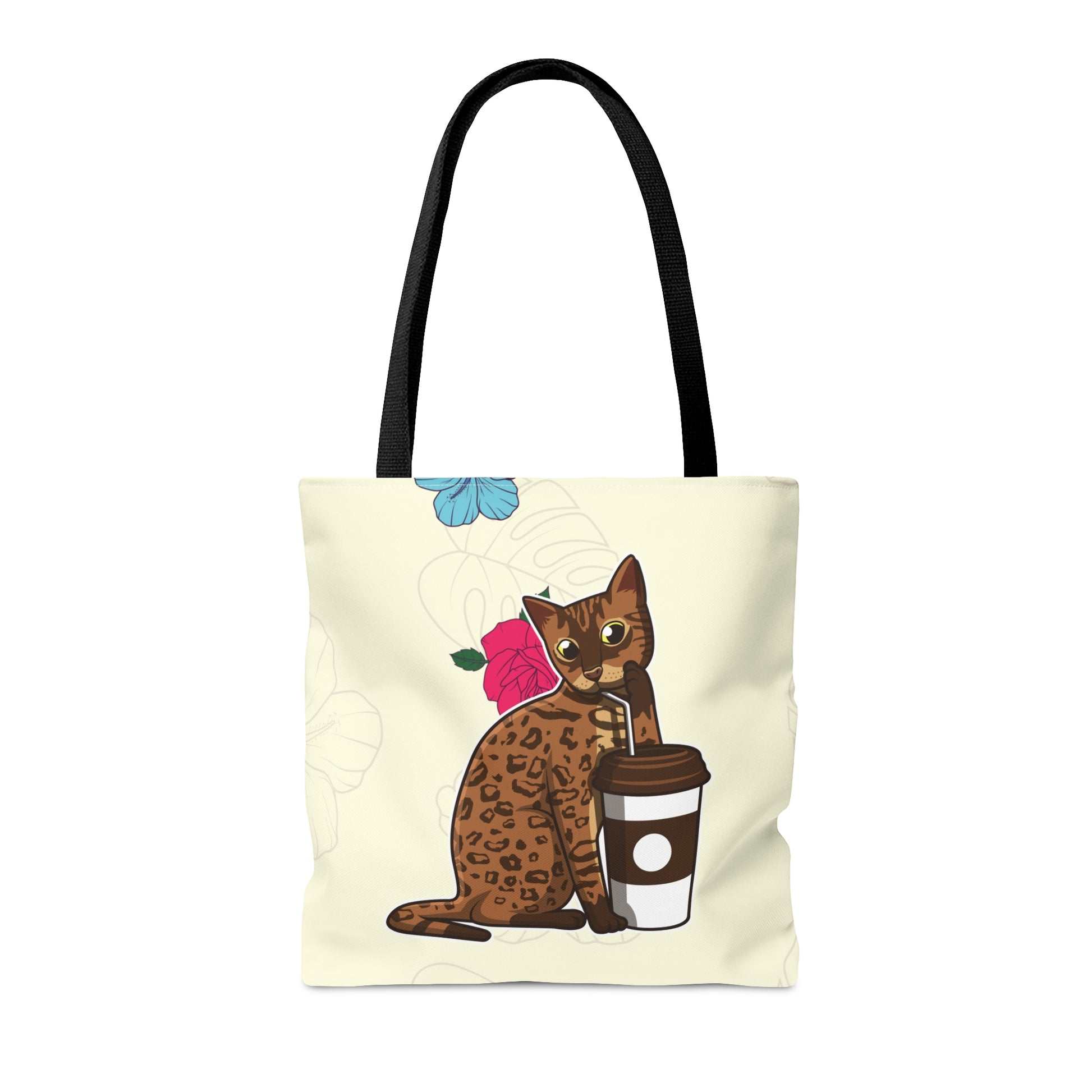 Cream Tote Bag Of A Cartoon Bengal Cat Drinking Through A Straw And Flowers Design