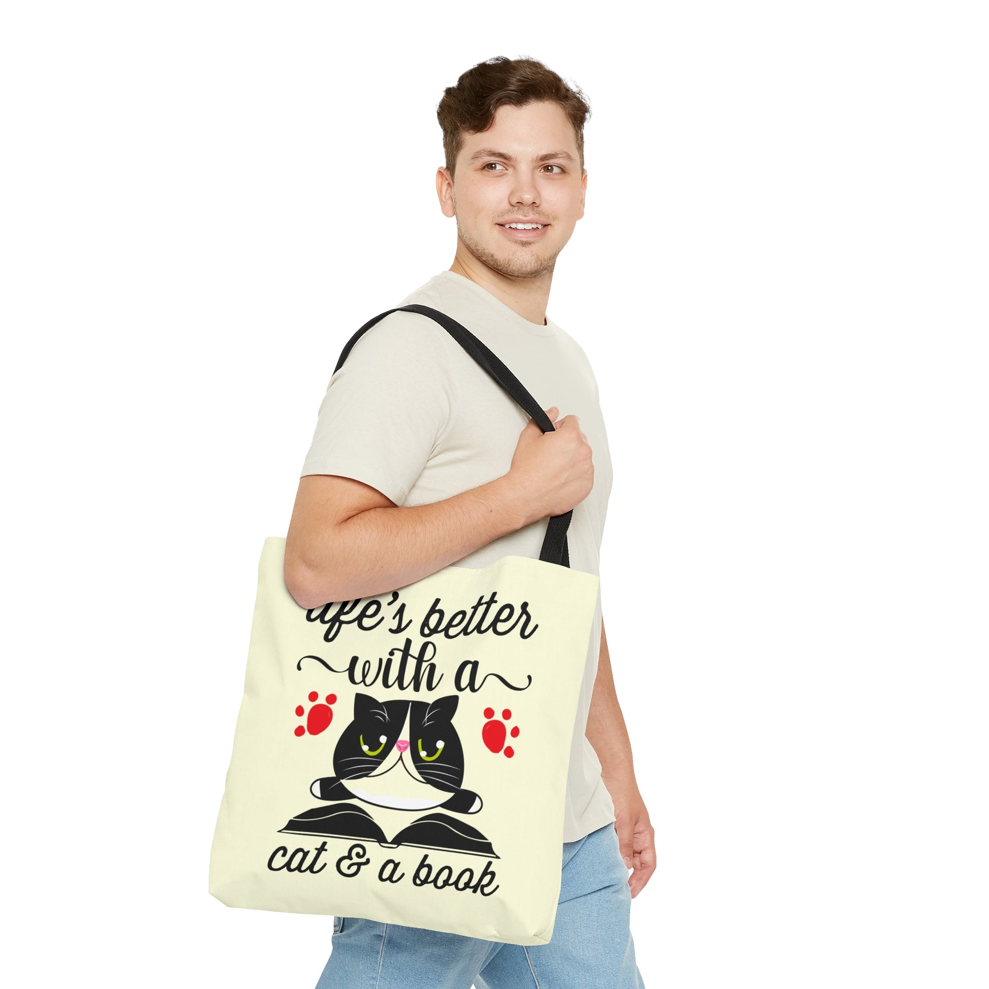 Cream Tote bag with a cat illustration and text 'life's better with a cat & a book'  