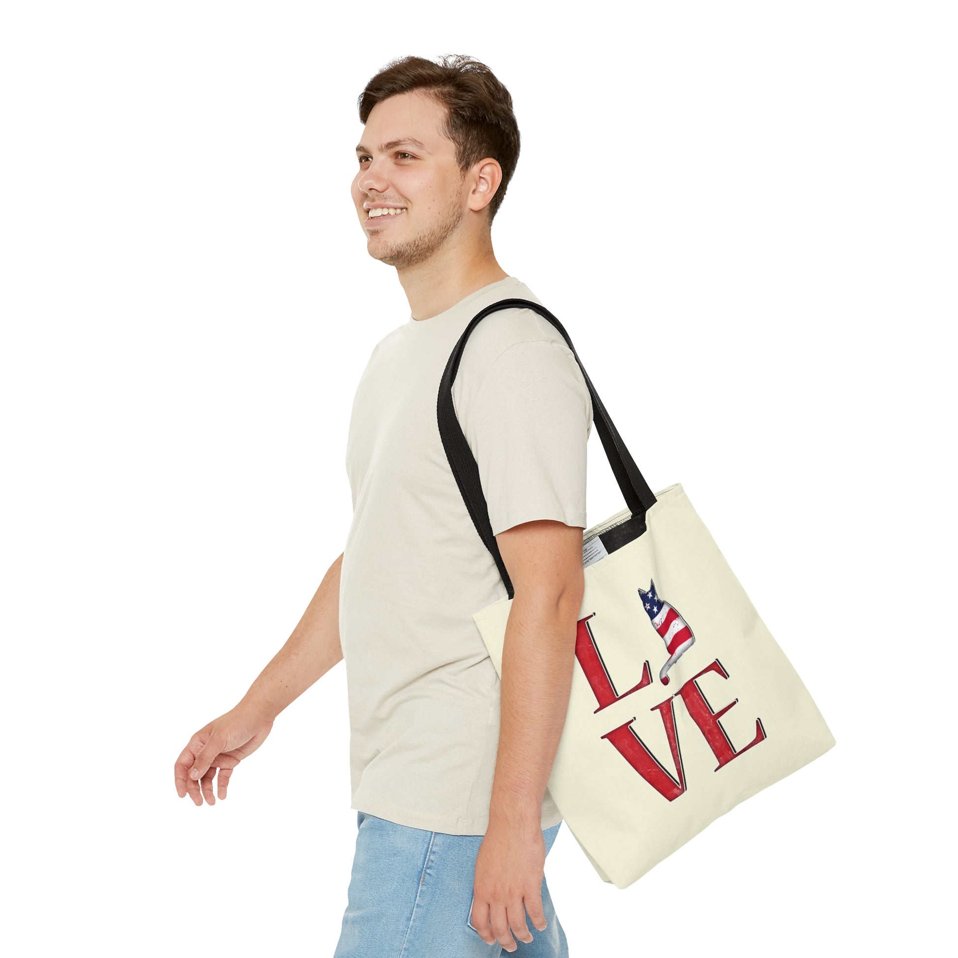 Cream color Tote bag with 'LOVE' text and cat silhouette design with a Stars & Stripes theme