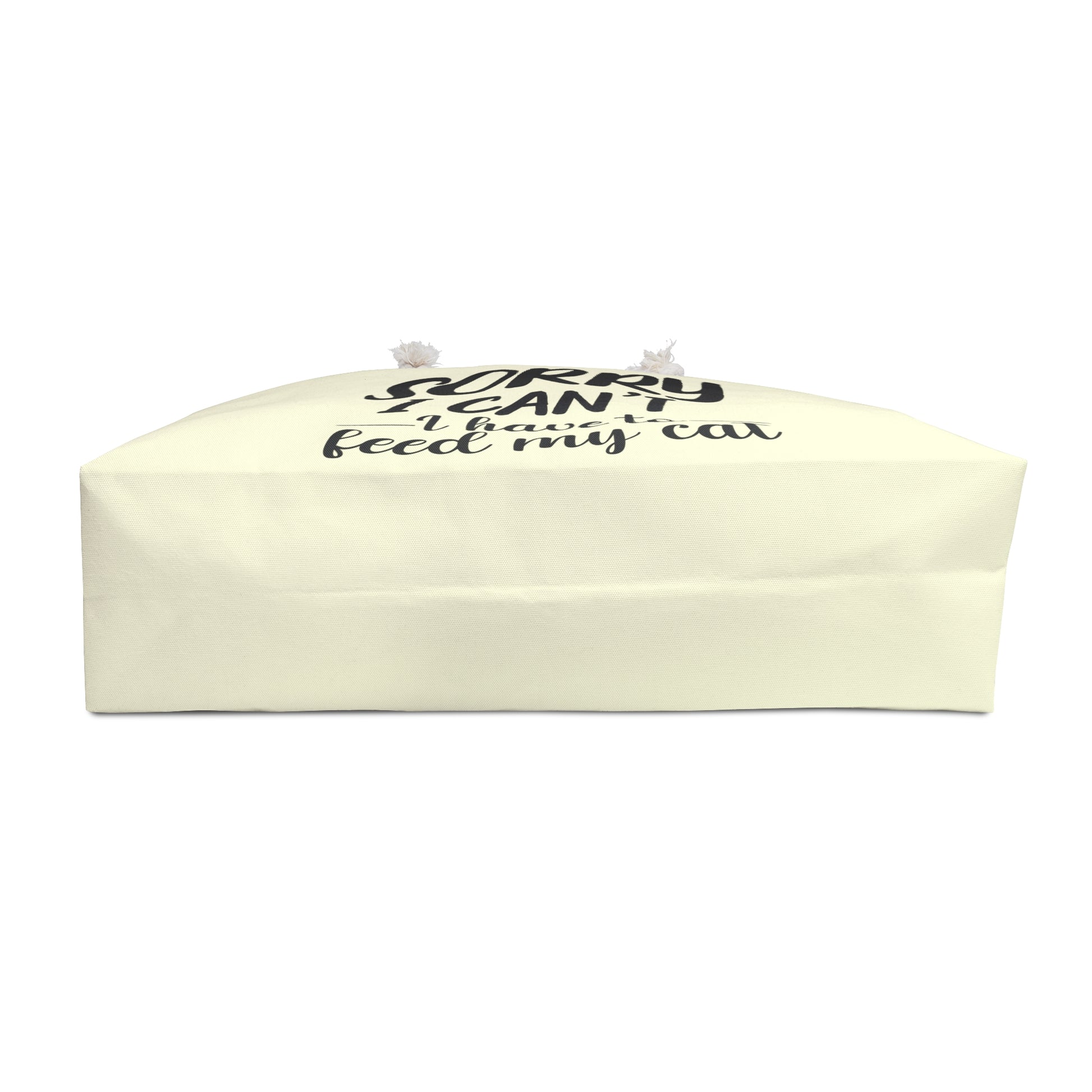Cream colored tote bag with text 'Sorry I can't, I have to feed my cat'  