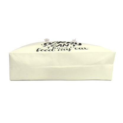 Cream colored tote bag with text 'Sorry I can't, I have to feed my cat'  