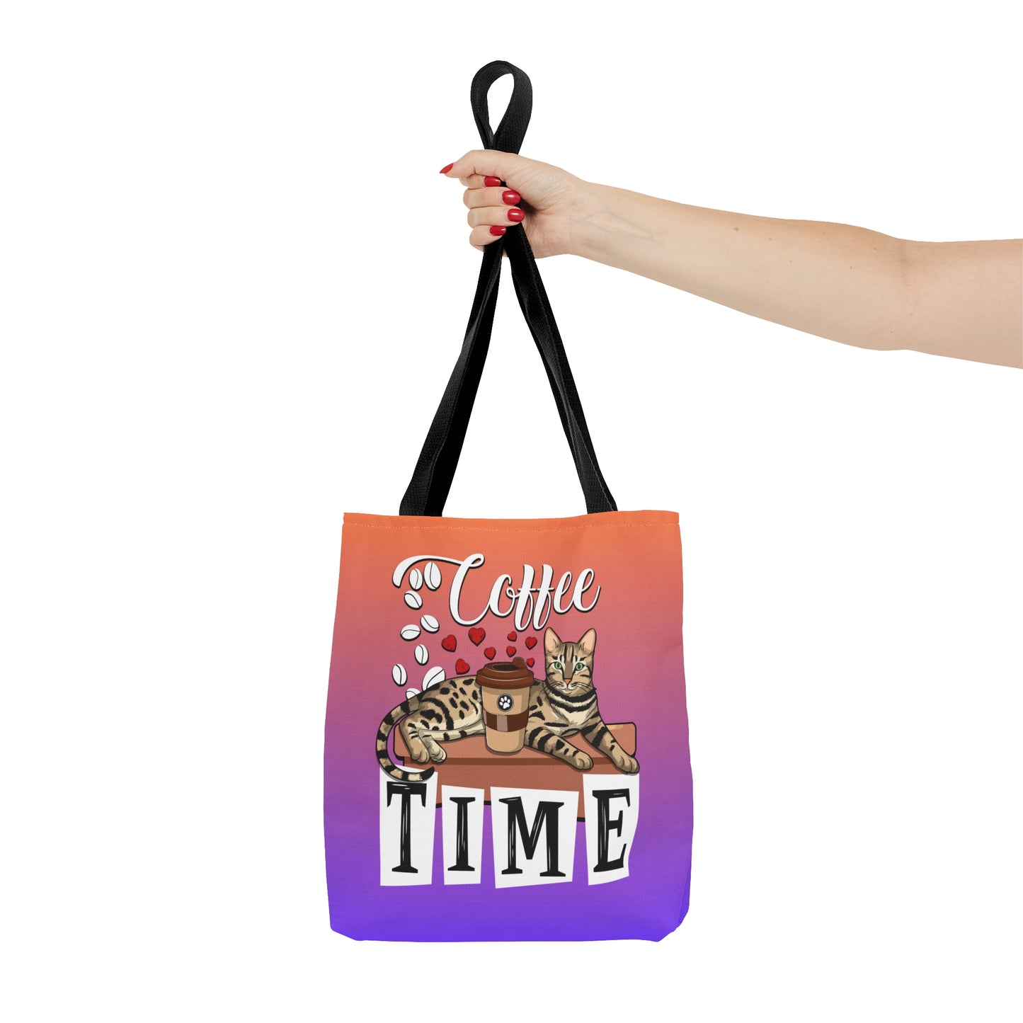 Bengal Cat Themed Purple & Orange Colored Tote Bag With The Text " Coffee Time", And Graphic Of A Bengal Cat, Coffee Beans And Love Hearts.