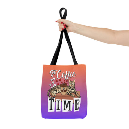Bengal Cat Themed Purple & Orange Colored Tote Bag With The Text " Coffee Time", And Graphic Of A Bengal Cat, Coffee Beans And Love Hearts.