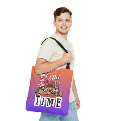 Bengal Cat Themed Purple & Orange Colored Tote Bag With The Text " Coffee Time", And Graphic Of A Bengal Cat, Coffee Beans And Love Hearts.