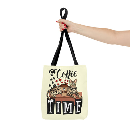Bengal Cat Themed Cream Tote Bag With "Coffee Time" Text, Coffee Beans And Love Hearts And Bengal Cat Graphic.